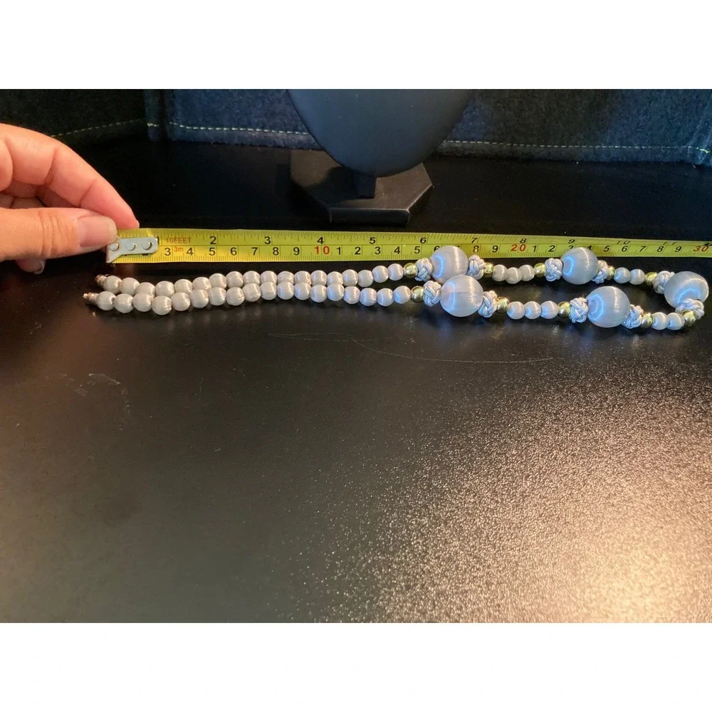 Vintage Gray Blue Cat's Eye Bead Necklace Gold Tone Nautical Knot 23